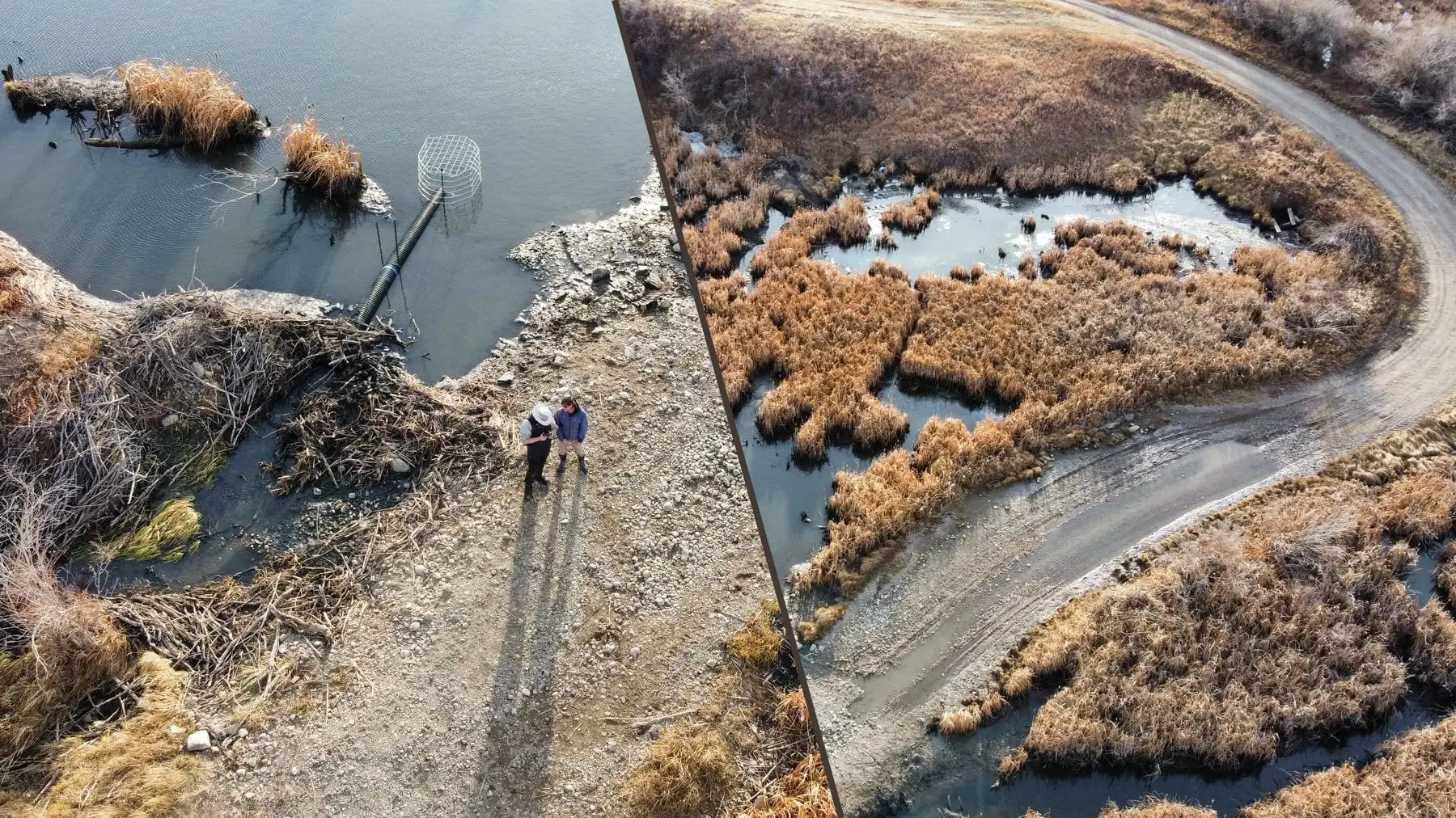 Two aerial views of the Deer Creek crossing: close on the pond leveller pipe, intake cage and crew, and wide on the dry gravel road curving past the beaver pond